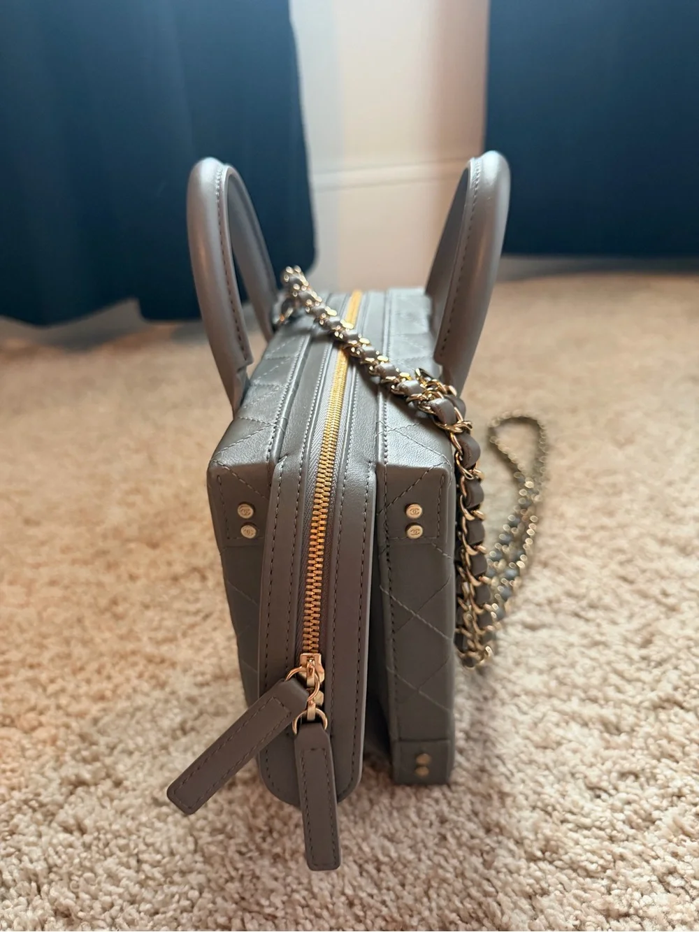 CHANEL Quilted Gray Mini Vanity Crossbody Bag with Gold Chain Authentic